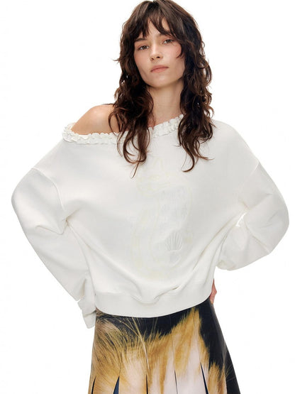 OuttheBlue Soft Cotton Blend Loose Fit Cat Silhouette Women White Long Sleeve T-Shirts