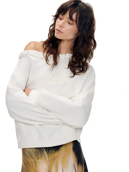OuttheBlue Soft Cotton Blend Loose Fit Cat Silhouette Women White Long Sleeve T-Shirts