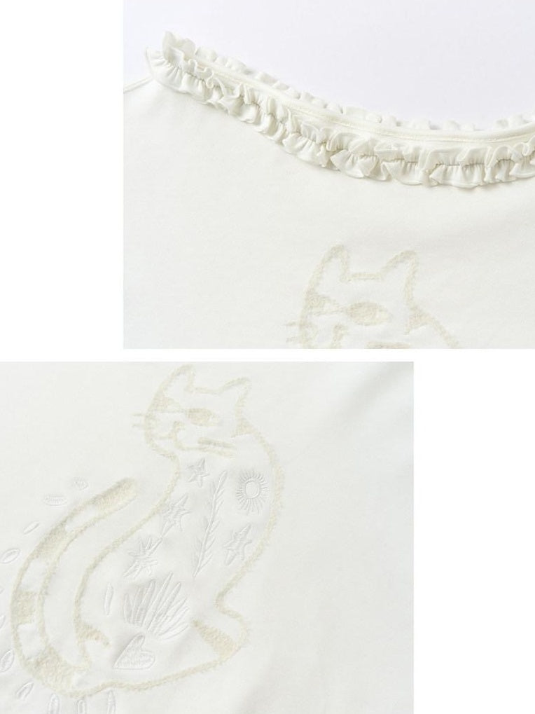 OuttheBlue Soft Cotton Blend Loose Fit Cat Silhouette Women White Long Sleeve T-Shirts