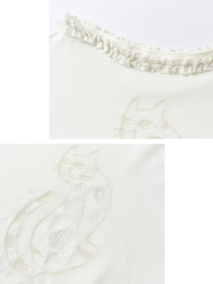 OuttheBlue Soft Cotton Blend Loose Fit Cat Silhouette Women White Long Sleeve T-Shirts