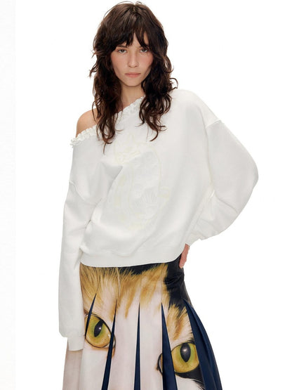 OuttheBlue Soft Cotton Blend Loose Fit Cat Silhouette Women White Long Sleeve T-Shirts