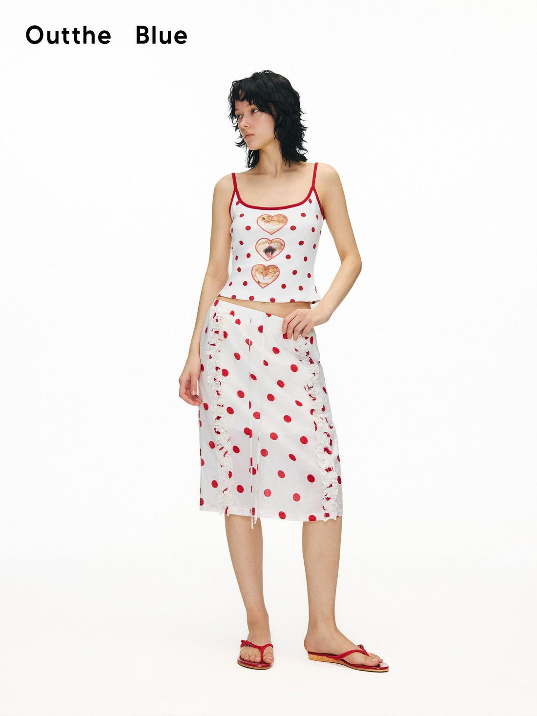 OuttheBlue Soft Cotton Slim U Neck Polka Dot Heart Short Pullover Women Printed Camisoles