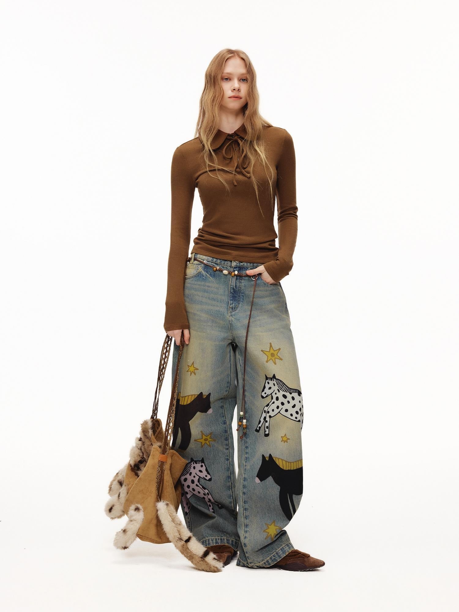 OuttheBlue Soft Cotton Stretch Natural Waist Wide Leg Vintage Wash Animal Print Women Jeans