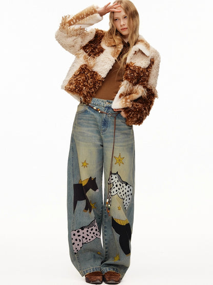 OuttheBlue Soft Cotton Stretch Natural Waist Wide Leg Vintage Wash Animal Print Women Jeans