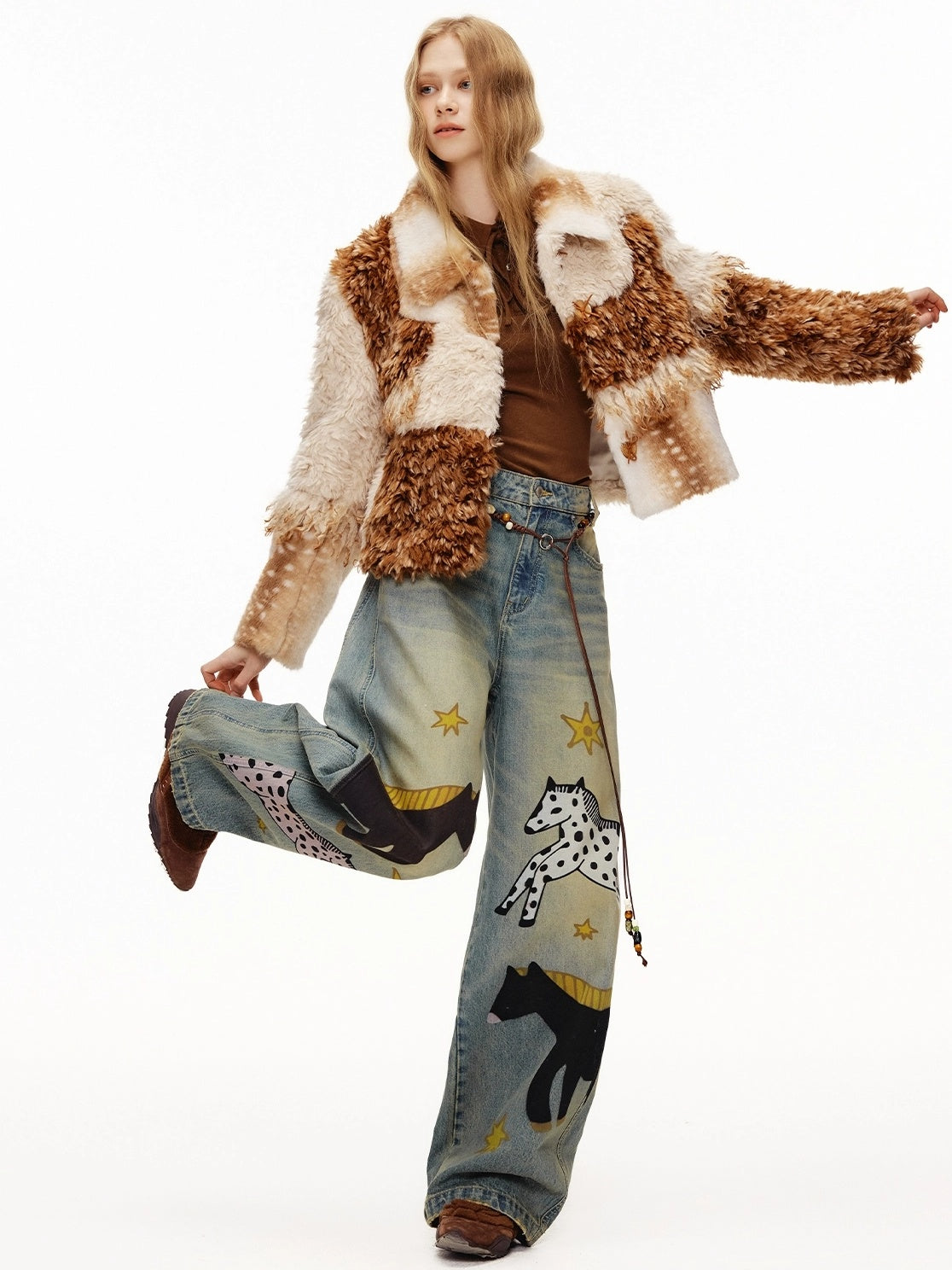 OuttheBlue Soft Cotton Stretch Natural Waist Wide Leg Vintage Wash Animal Print Women Jeans