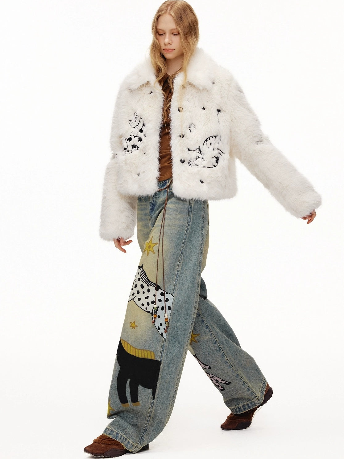 OuttheBlue Soft Cotton Stretch Natural Waist Wide Leg Vintage Wash Animal Print Women Jeans