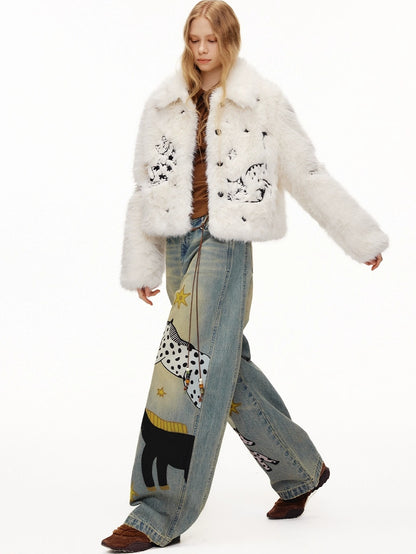 OuttheBlue Soft Cotton Stretch Natural Waist Wide Leg Vintage Wash Animal Print Women Jeans