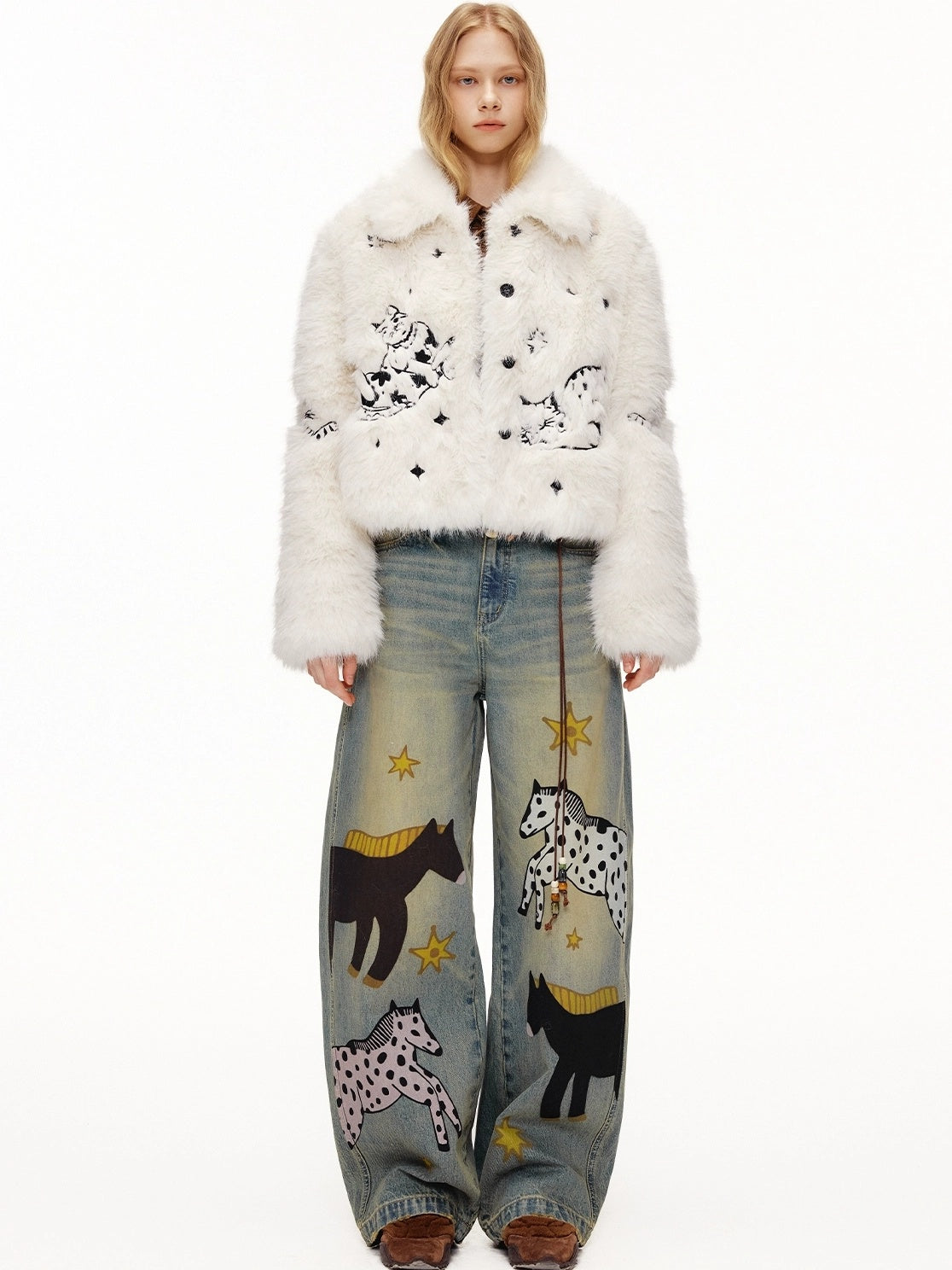 OuttheBlue Soft Cotton Stretch Natural Waist Wide Leg Vintage Wash Animal Print Women Jeans