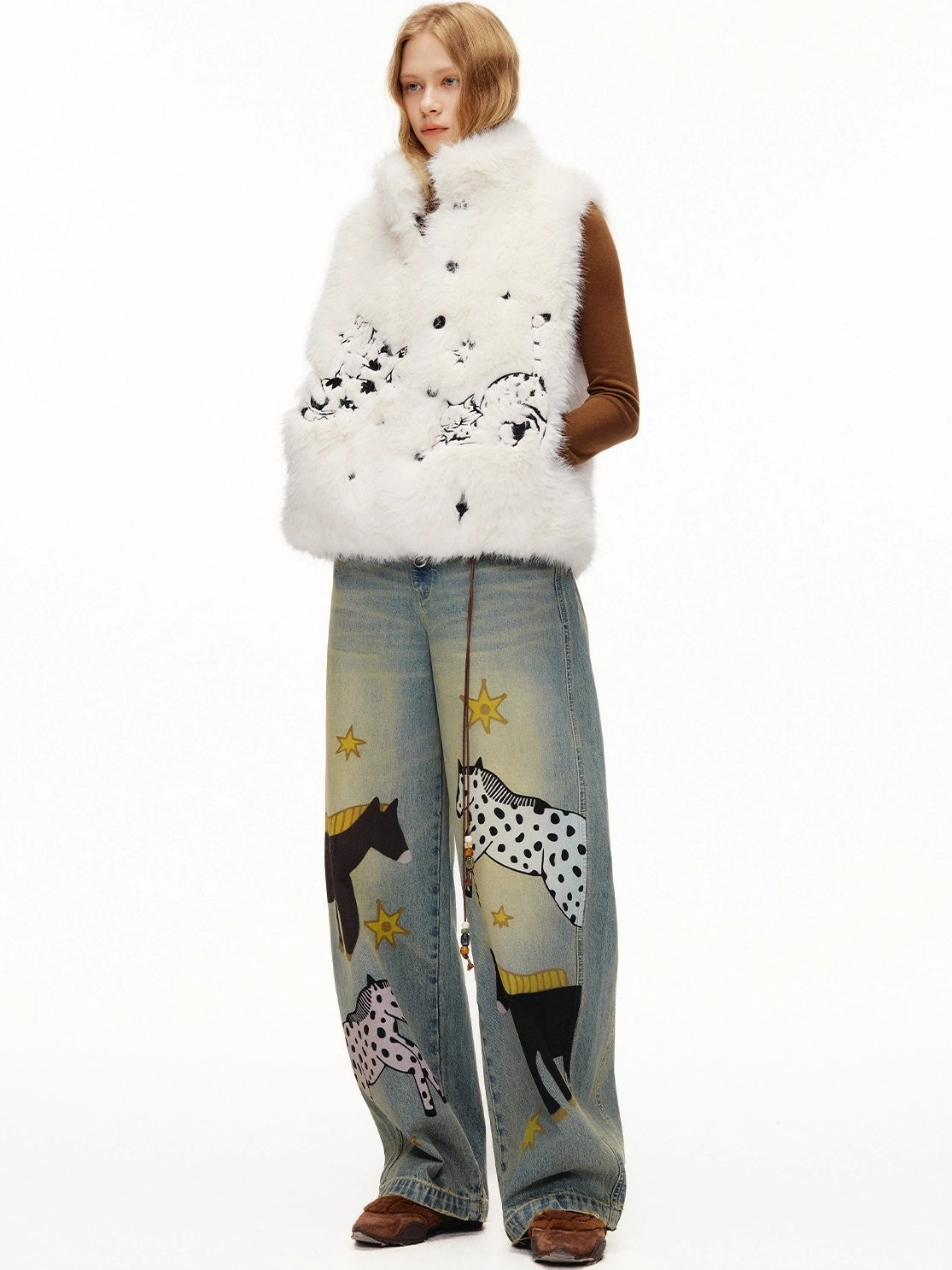 OuttheBlue Soft Cotton Stretch Natural Waist Wide Leg Vintage Wash Animal Print Women Jeans