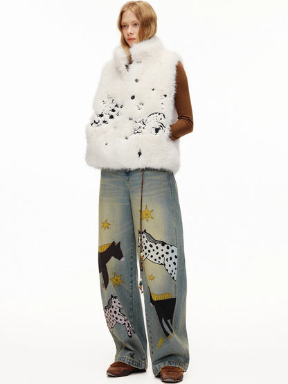 OuttheBlue Soft Cotton Stretch Natural Waist Wide Leg Vintage Wash Animal Print Women Jeans