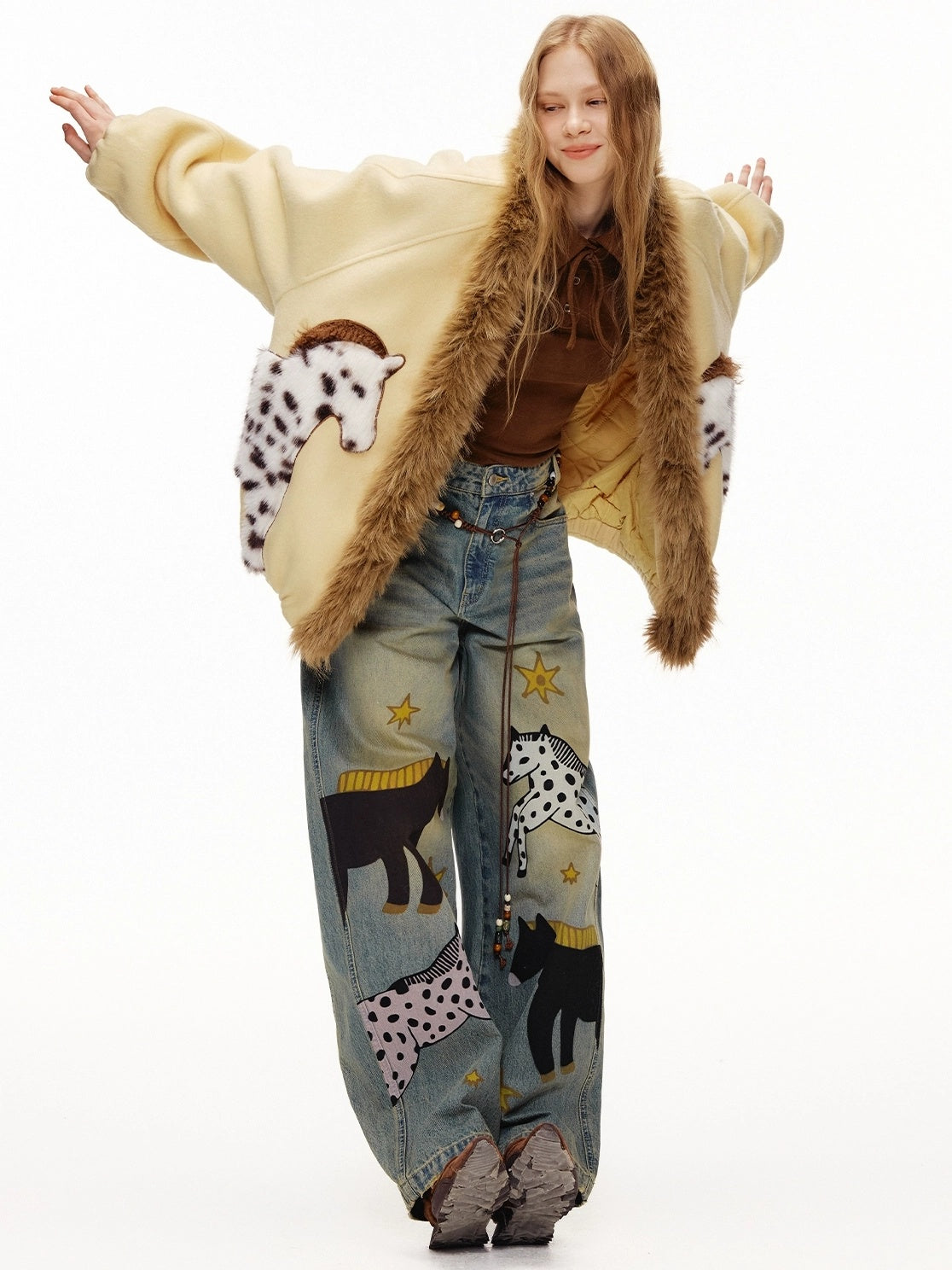 OuttheBlue Soft Cotton Stretch Natural Waist Wide Leg Vintage Wash Animal Print Women Jeans