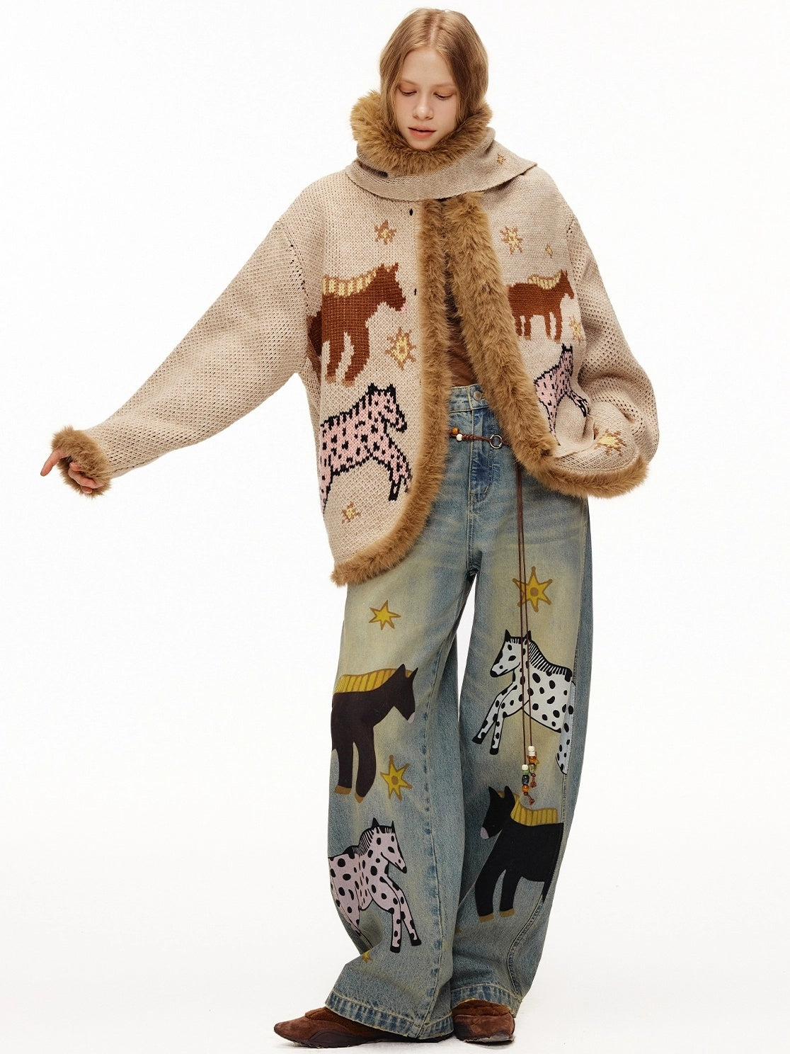 OuttheBlue Soft Cotton Stretch Natural Waist Wide Leg Vintage Wash Animal Print Women Jeans