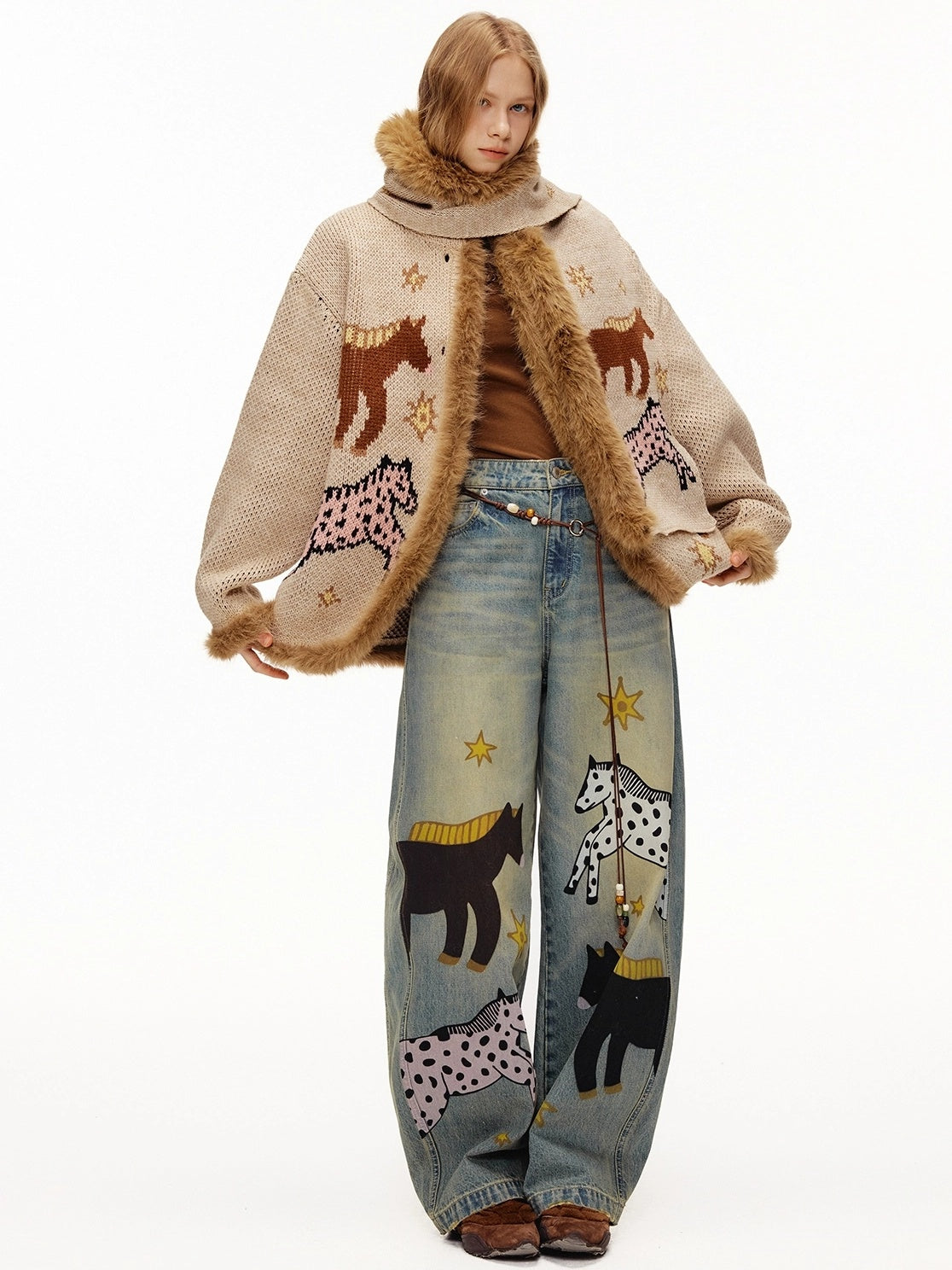 OuttheBlue Soft Cotton Stretch Natural Waist Wide Leg Vintage Wash Animal Print Women Jeans