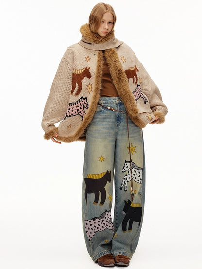 OuttheBlue Soft Cotton Stretch Natural Waist Wide Leg Vintage Wash Animal Print Women Jeans