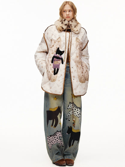 OuttheBlue Soft Cotton Stretch Natural Waist Wide Leg Vintage Wash Animal Print Women Jeans