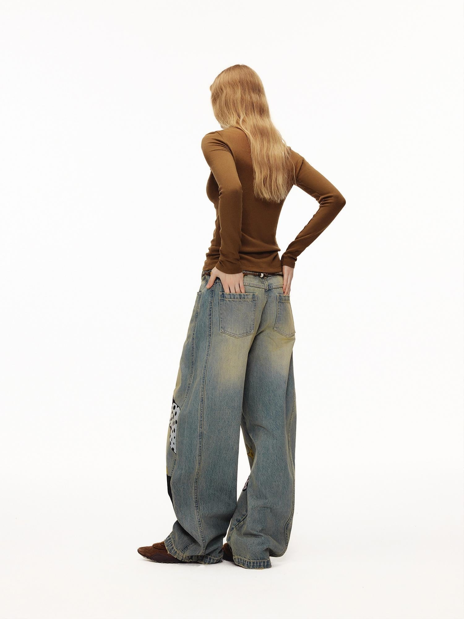 OuttheBlue Soft Cotton Stretch Natural Waist Wide Leg Vintage Wash Animal Print Women Jeans