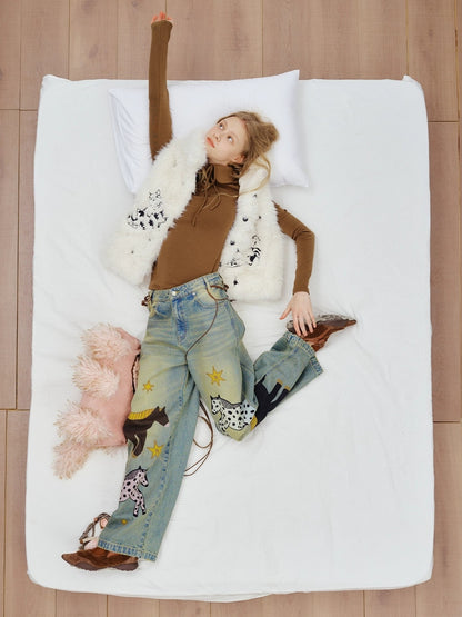 OuttheBlue Soft Cotton Stretch Natural Waist Wide Leg Vintage Wash Animal Print Women Jeans