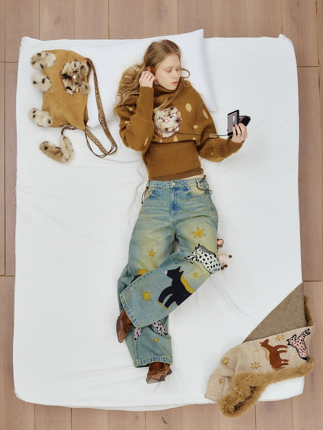 OuttheBlue Soft Cotton Stretch Natural Waist Wide Leg Vintage Wash Animal Print Women Jeans