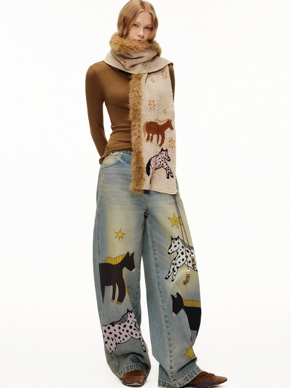 OuttheBlue Soft Cotton Stretch Natural Waist Wide Leg Vintage Wash Animal Print Women Jeans