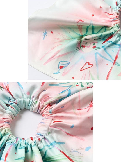 OuttheBlue Soft Elastic Minimalist Square Star Print White Pink Scrunchie Headdresses