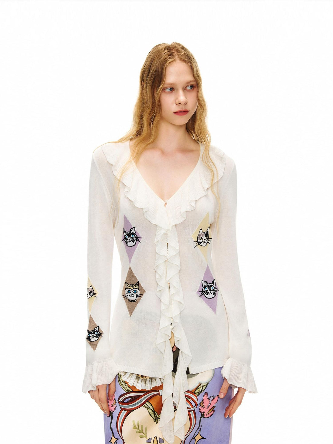 OuttheBlue Soft Embroidered Ruffle Cinched Waist Tie Front Long Sleeve Silk White Blouses