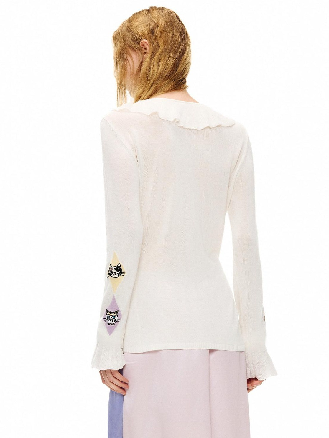 OuttheBlue Soft Embroidered Ruffle Cinched Waist Tie Front Long Sleeve Silk White Blouses