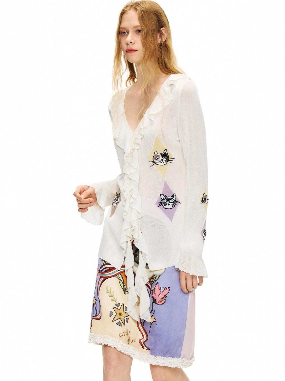 OuttheBlue Soft Embroidered Ruffle Cinched Waist Tie Front Long Sleeve Silk White Blouses