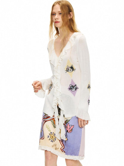 OuttheBlue Soft Embroidered Ruffle Cinched Waist Tie Front Long Sleeve Silk White Blouses