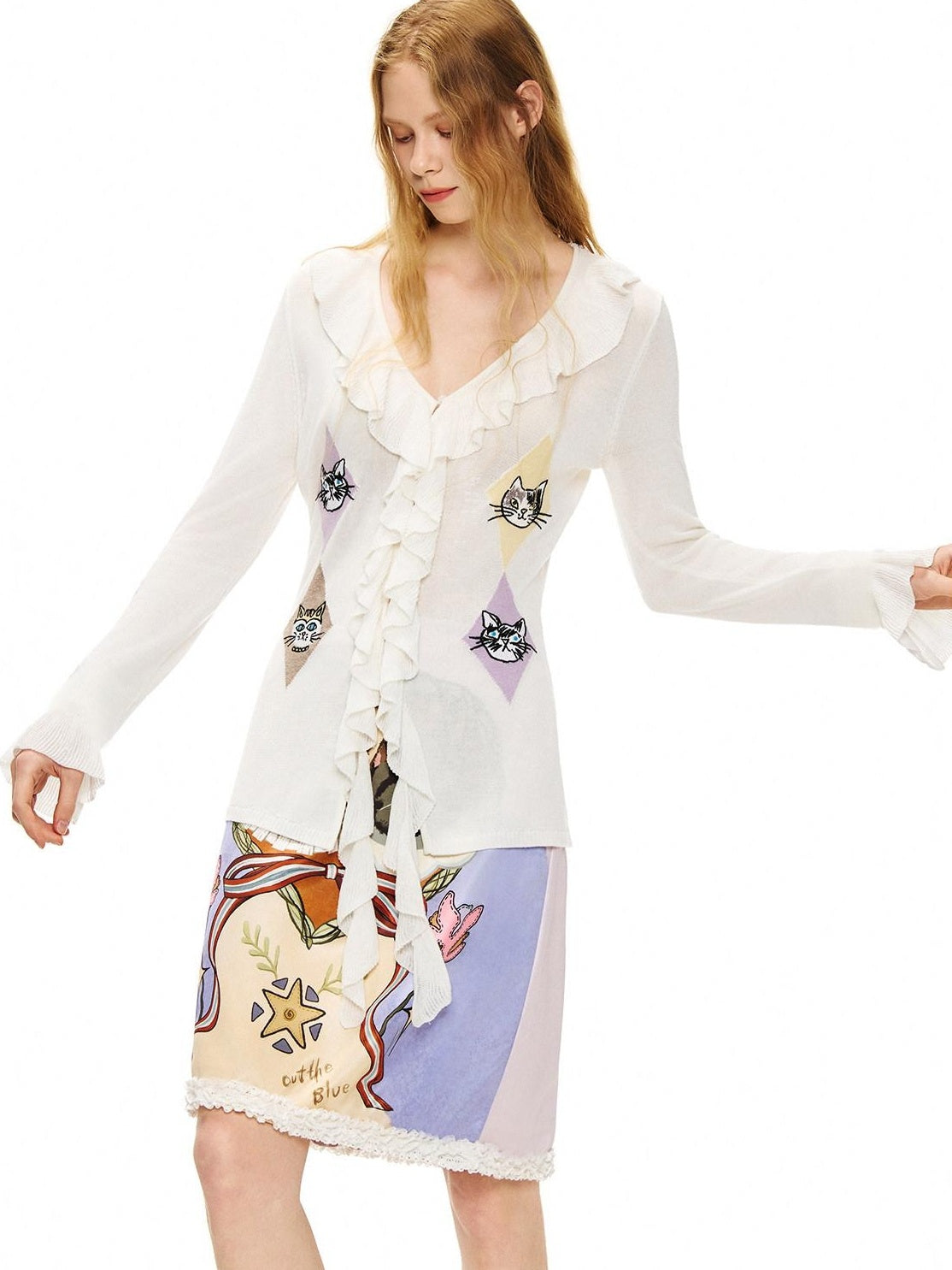 OuttheBlue Soft Embroidered Ruffle Cinched Waist Tie Front Long Sleeve Silk White Blouses