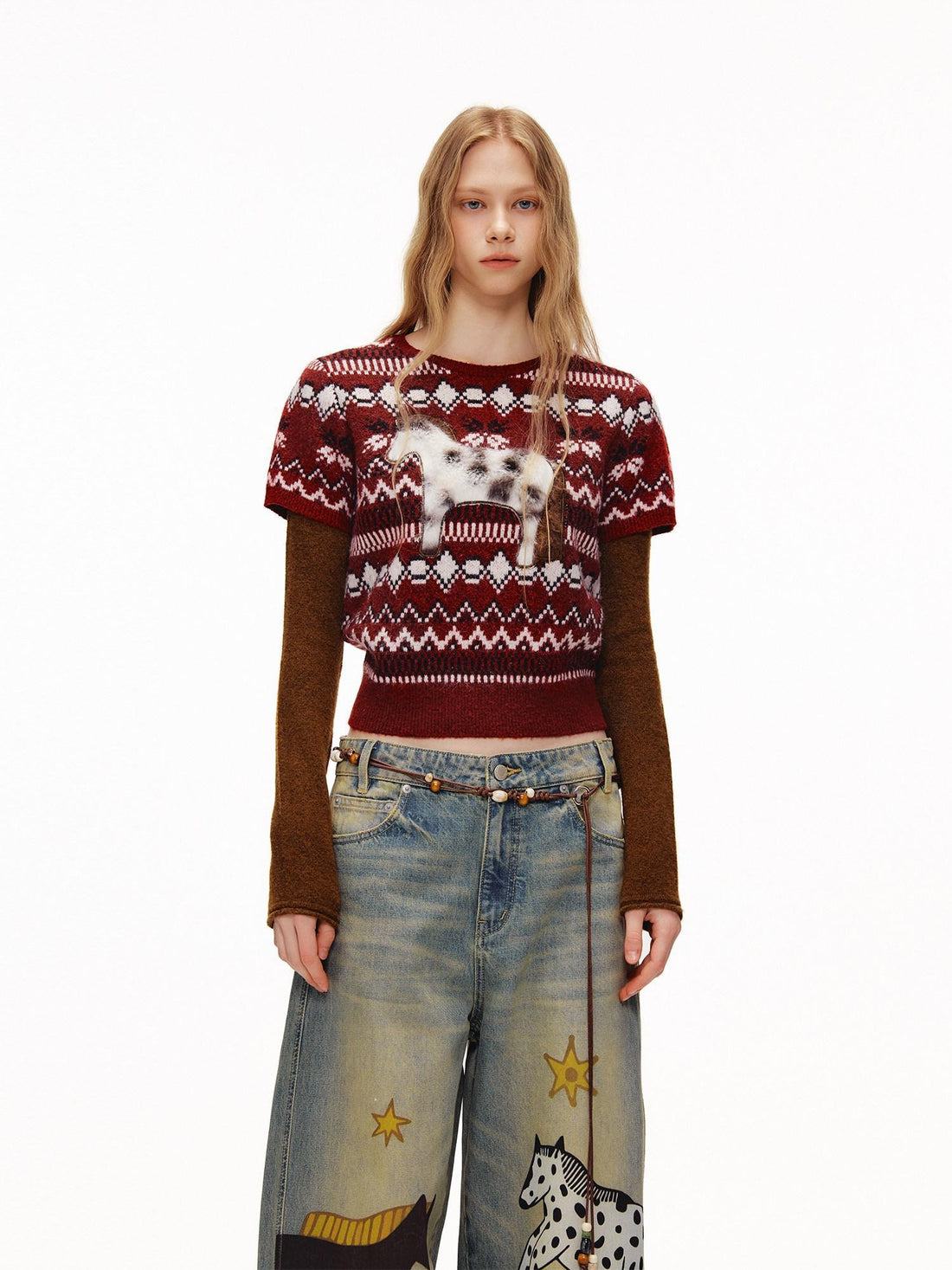 OuttheBlue Soft Knit Faux Two Piece Cropped Crew Neck Women Burgundy Animal Sweaters