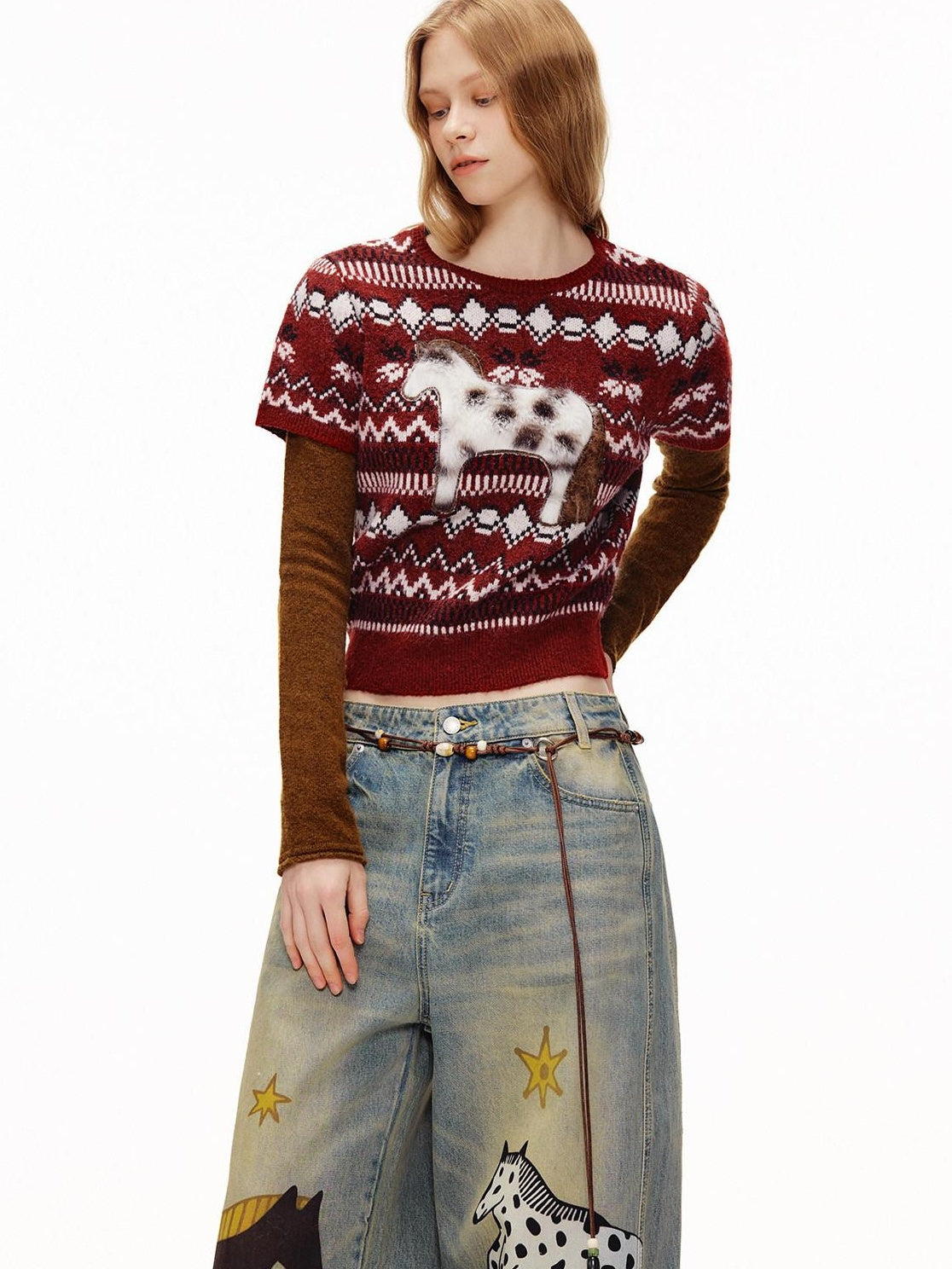 OuttheBlue Soft Knit Faux Two Piece Cropped Crew Neck Women Burgundy Animal Sweaters