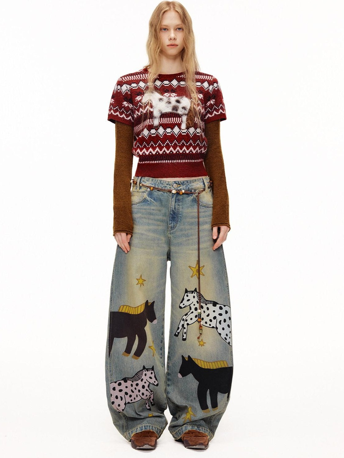 OuttheBlue Soft Knit Faux Two Piece Cropped Crew Neck Women Burgundy Animal Sweaters