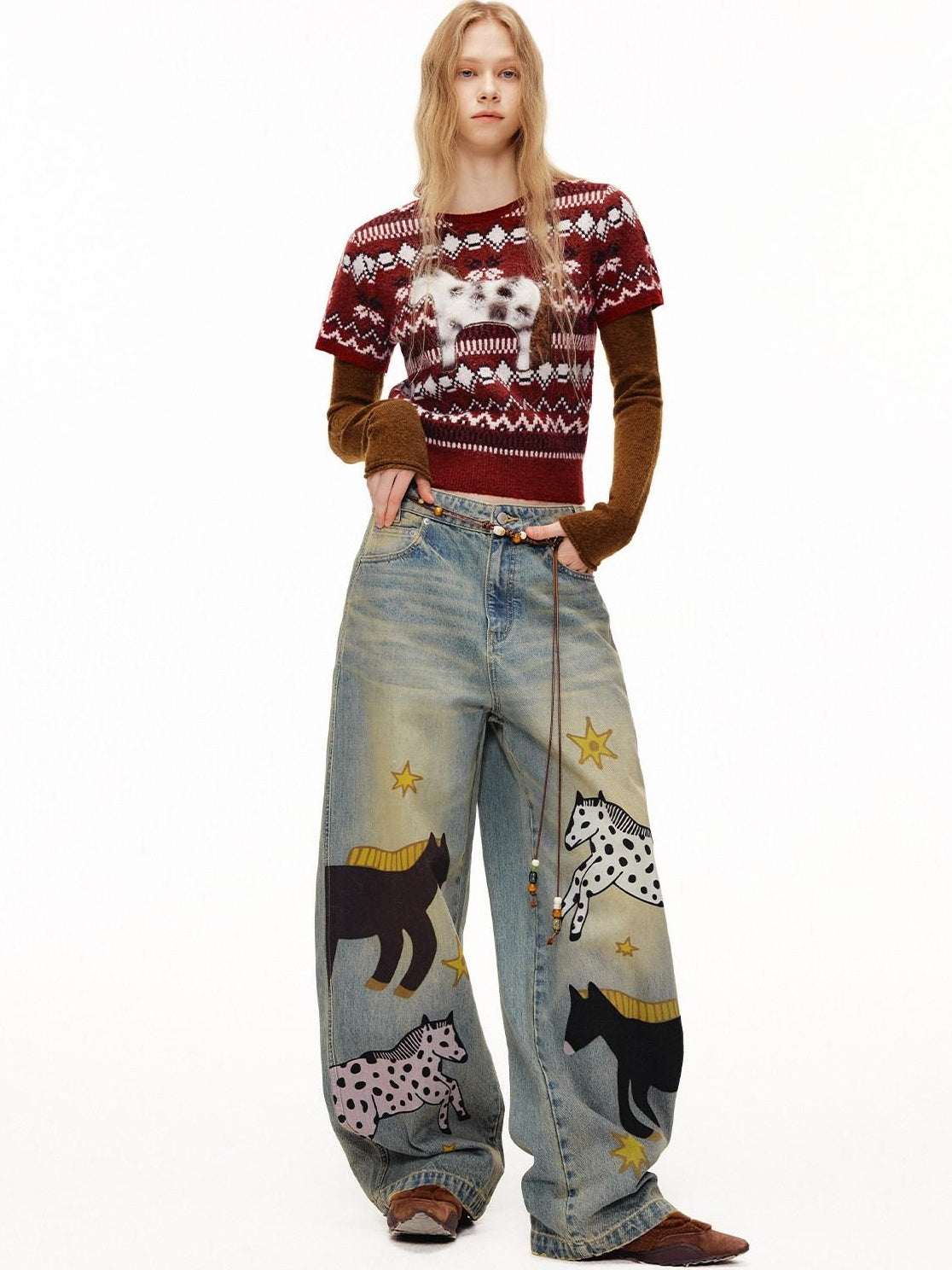 OuttheBlue Soft Knit Faux Two Piece Cropped Crew Neck Women Burgundy Animal Sweaters