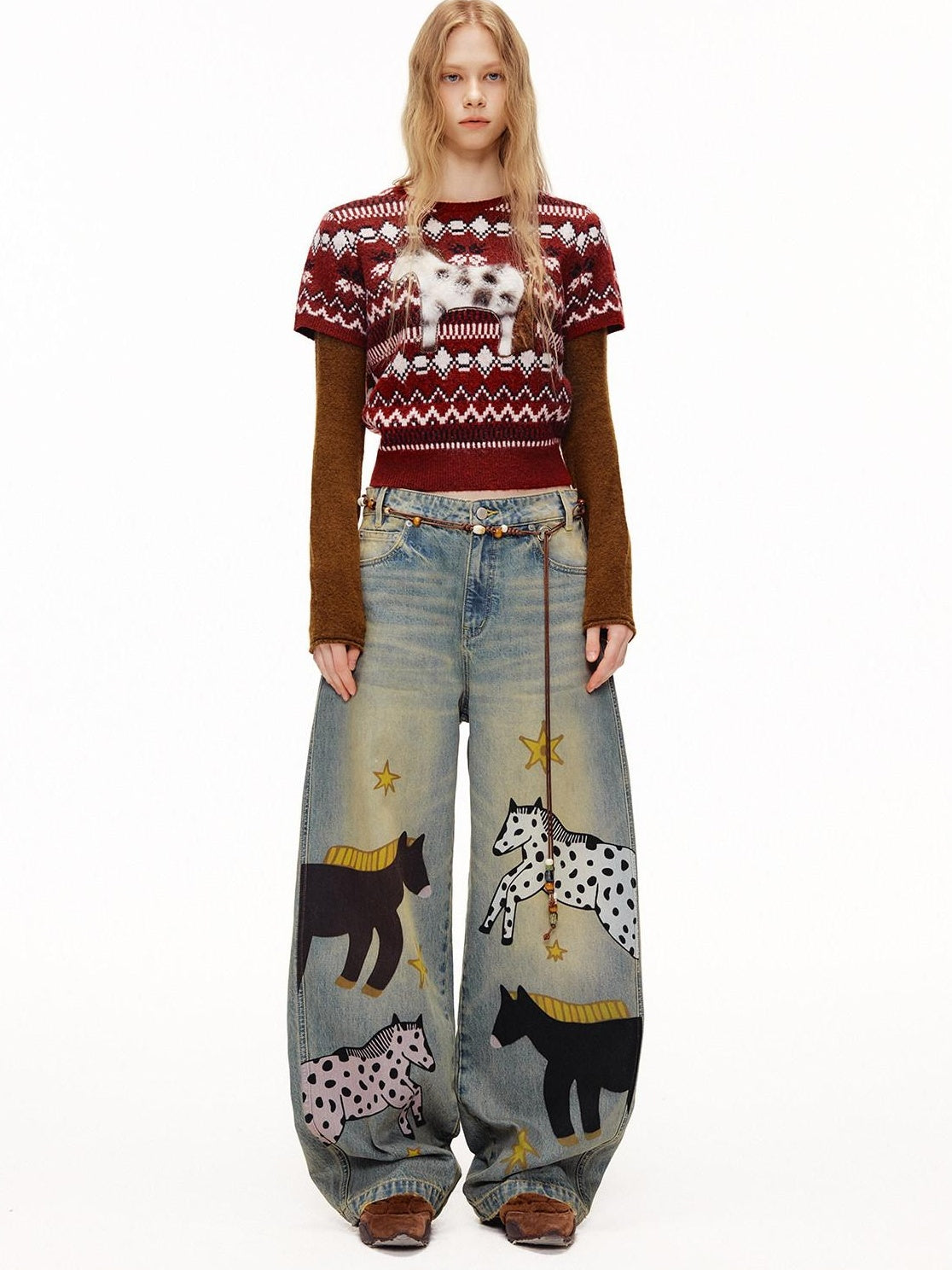OuttheBlue Soft Knit Faux Two Piece Cropped Crew Neck Women Burgundy Animal Sweaters