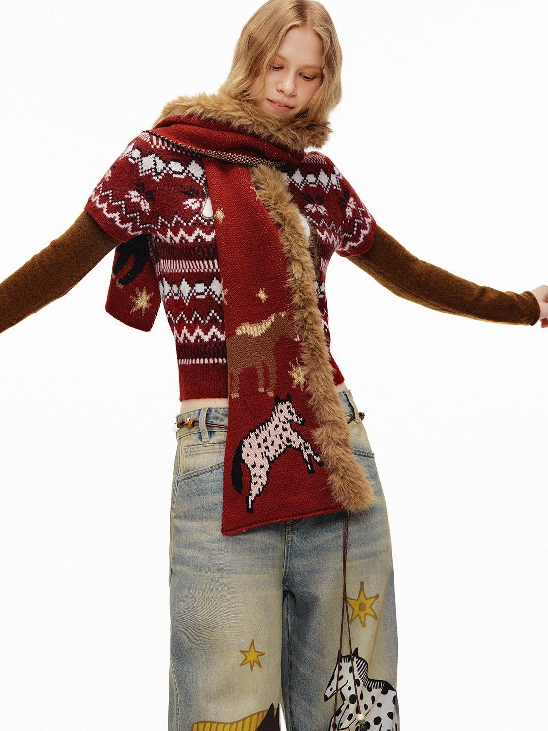 OuttheBlue Soft Knit Faux Two Piece Cropped Crew Neck Women Burgundy Animal Sweaters
