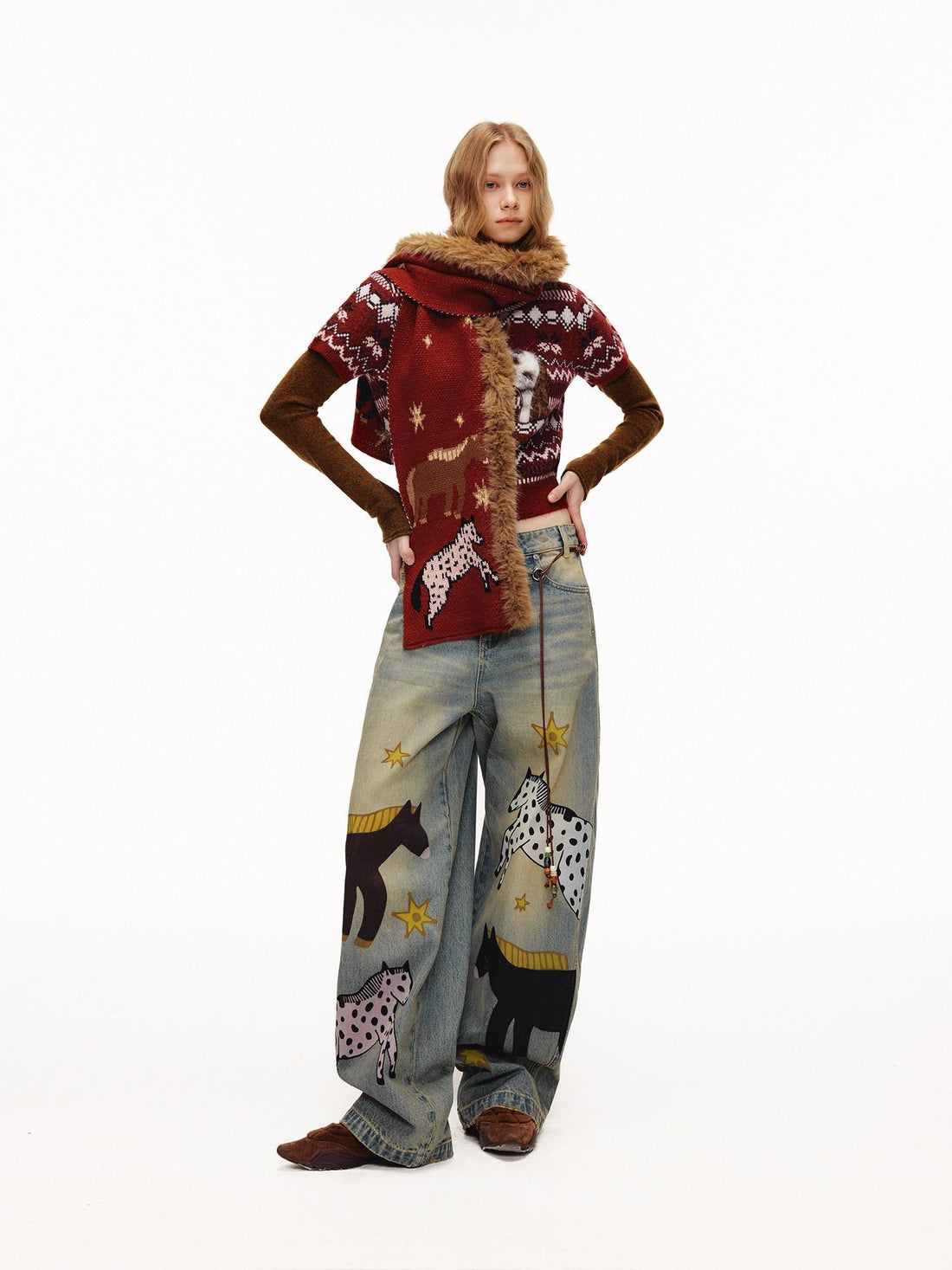 OuttheBlue Soft Knit Faux Two Piece Cropped Crew Neck Women Burgundy Animal Sweaters