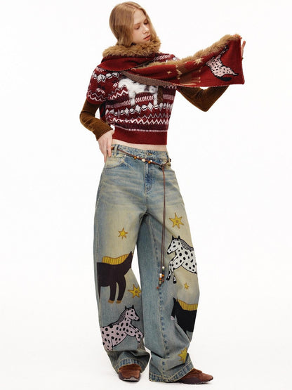 OuttheBlue Soft Knit Faux Two Piece Cropped Crew Neck Women Burgundy Animal Sweaters