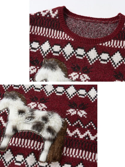 OuttheBlue Soft Knit Faux Two Piece Cropped Crew Neck Women Burgundy Animal Sweaters