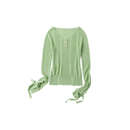 OuttheBlue Soft Lyocell Blend Casual Loose Bow Women Pullover Round Neck Knitwear