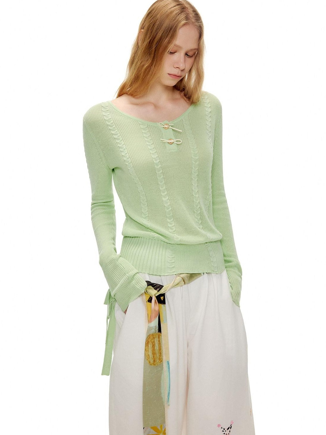 OuttheBlue Soft Lyocell Blend Casual Loose Bow Women Pullover Round Neck Knitwear