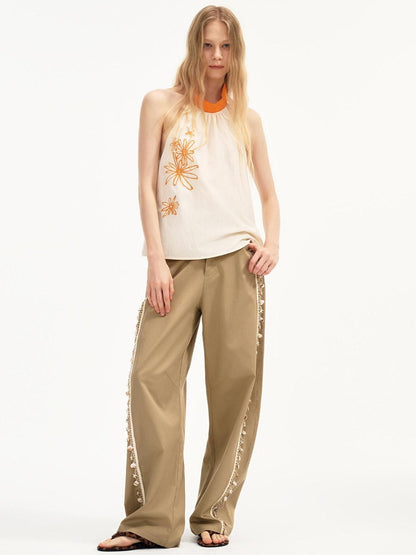 OuttheBlue Soft Lyocell Blend Pocket Straight Leg Relaxed Zip Fly Natural Waist Khaki Pants