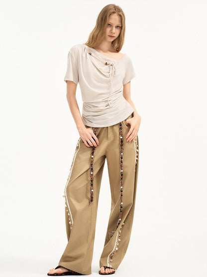 OuttheBlue Soft Lyocell Blend Pocket Straight Leg Relaxed Zip Fly Natural Waist Khaki Pants
