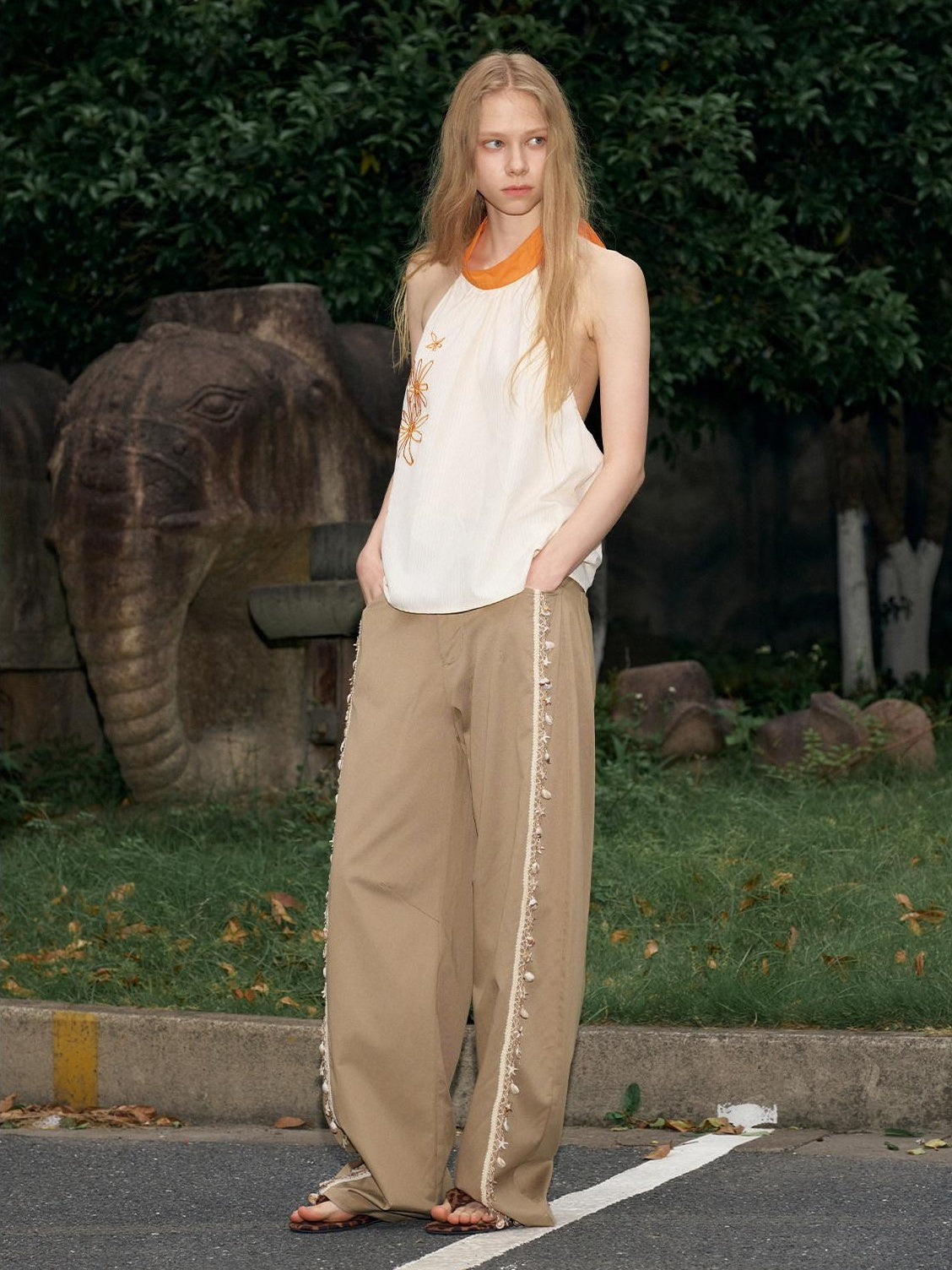 OuttheBlue Soft Lyocell Blend Pocket Straight Leg Relaxed Zip Fly Natural Waist Khaki Pants