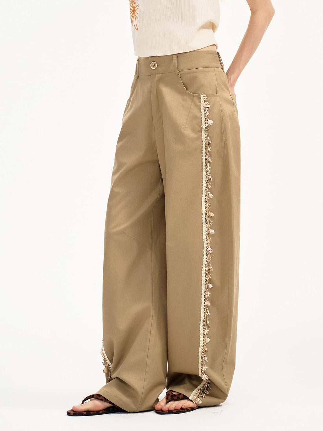 OuttheBlue Soft Lyocell Blend Pocket Straight Leg Relaxed Zip Fly Natural Waist Khaki Pants