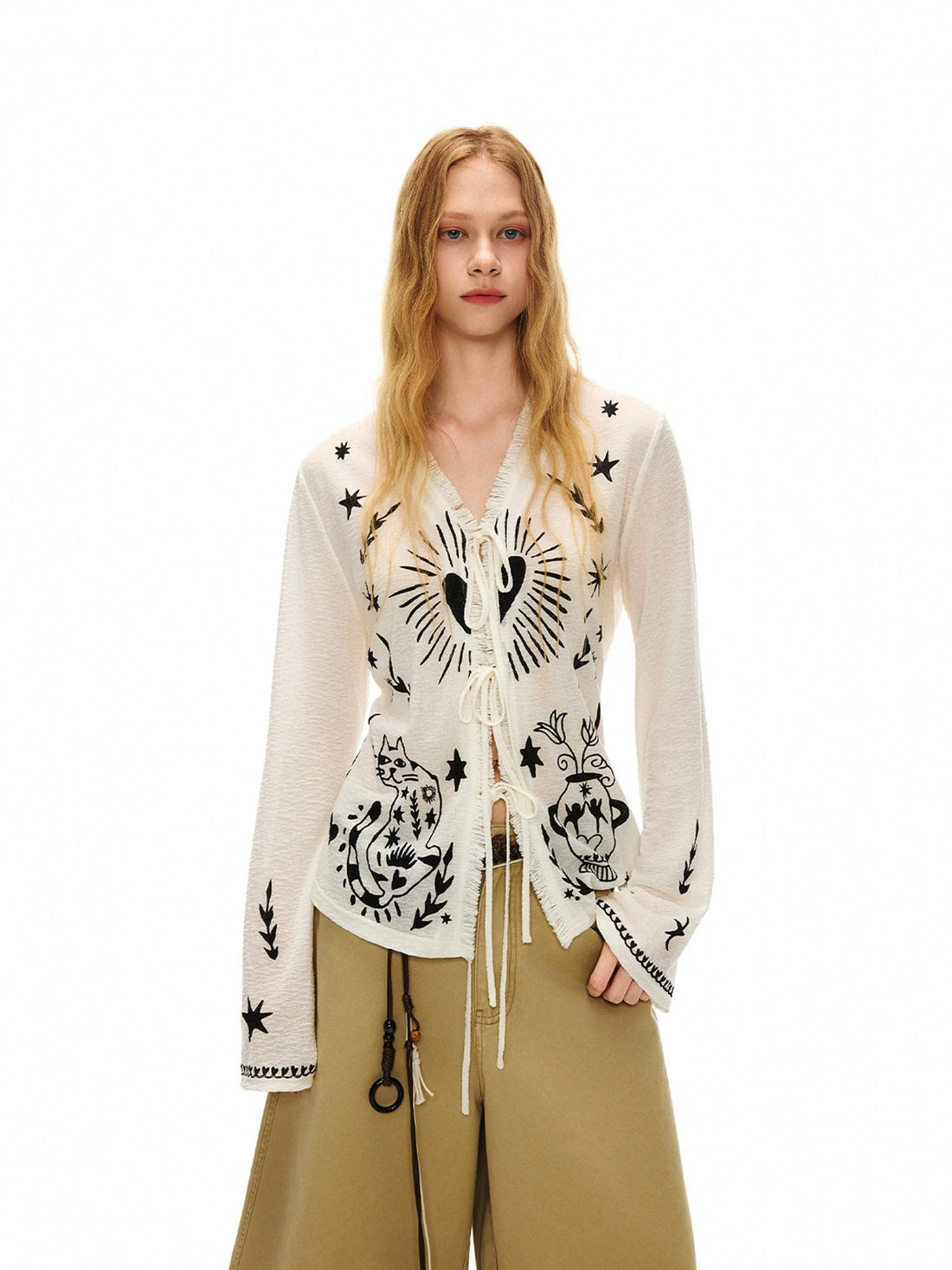 OuttheBlue Soft Lyocell Tie Front Cartoon Animal Print Longsleeve Women White Cardigans