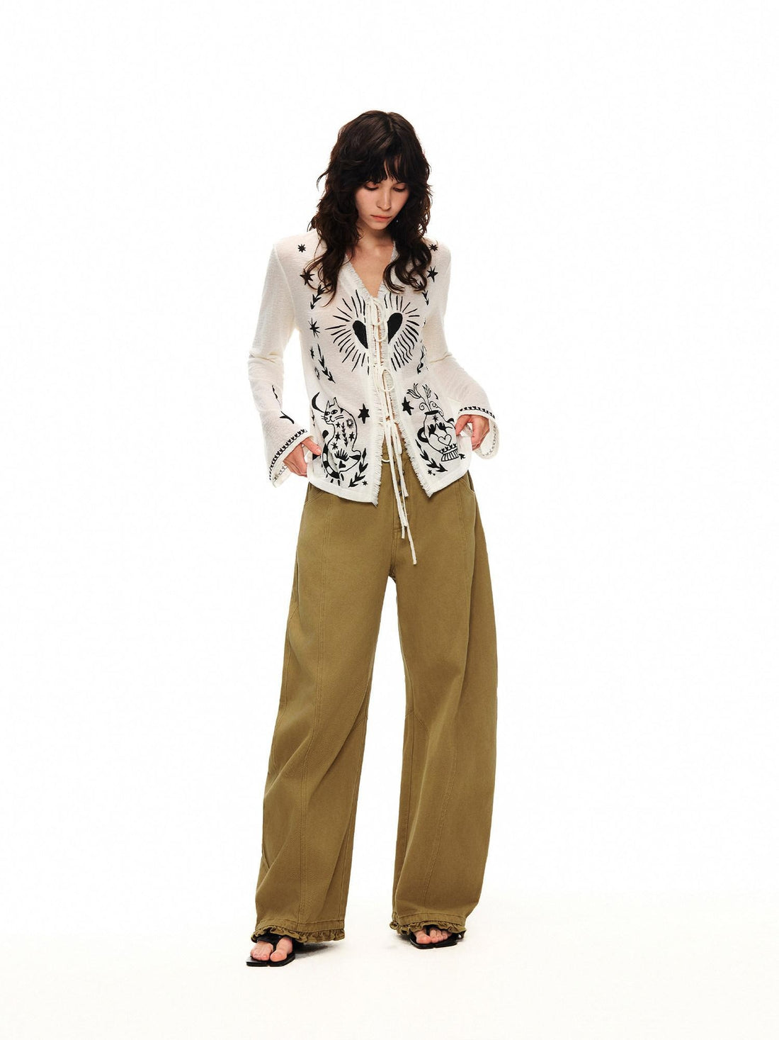 OuttheBlue Soft Lyocell Tie Front Cartoon Animal Print Longsleeve Women White Cardigans