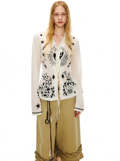 OuttheBlue Soft Lyocell Tie Front Cartoon Animal Print Longsleeve Women White Cardigans