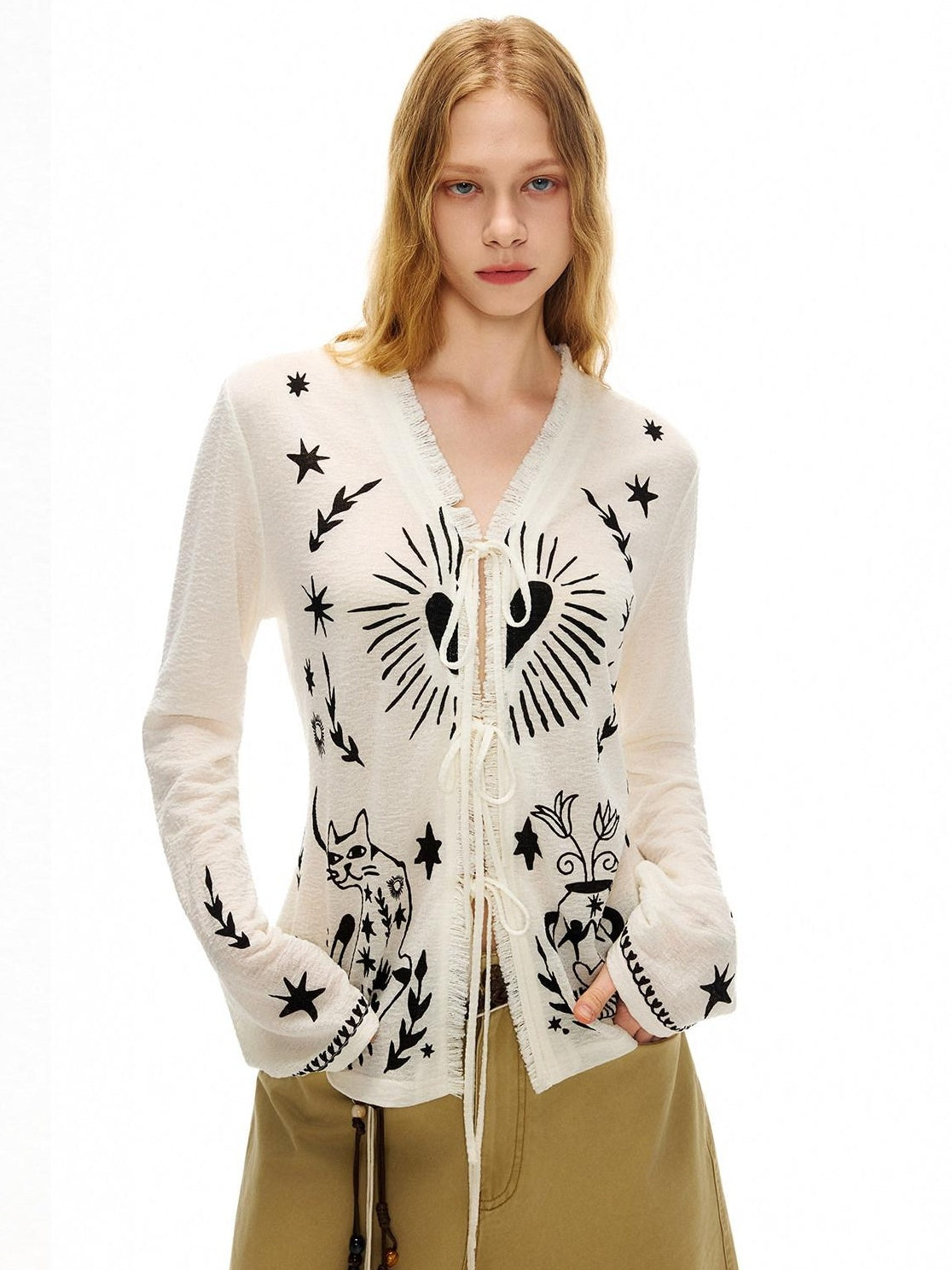 OuttheBlue Soft Lyocell Tie Front Cartoon Animal Print Longsleeve Women White Cardigans