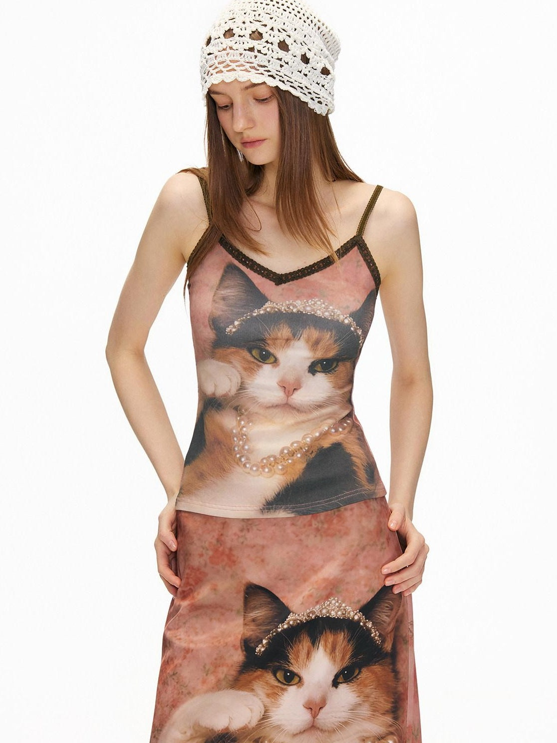 OuttheBlue Soft Pink Cotton V-neck Slim Fit Printed Animal Short Length Women Camisoles