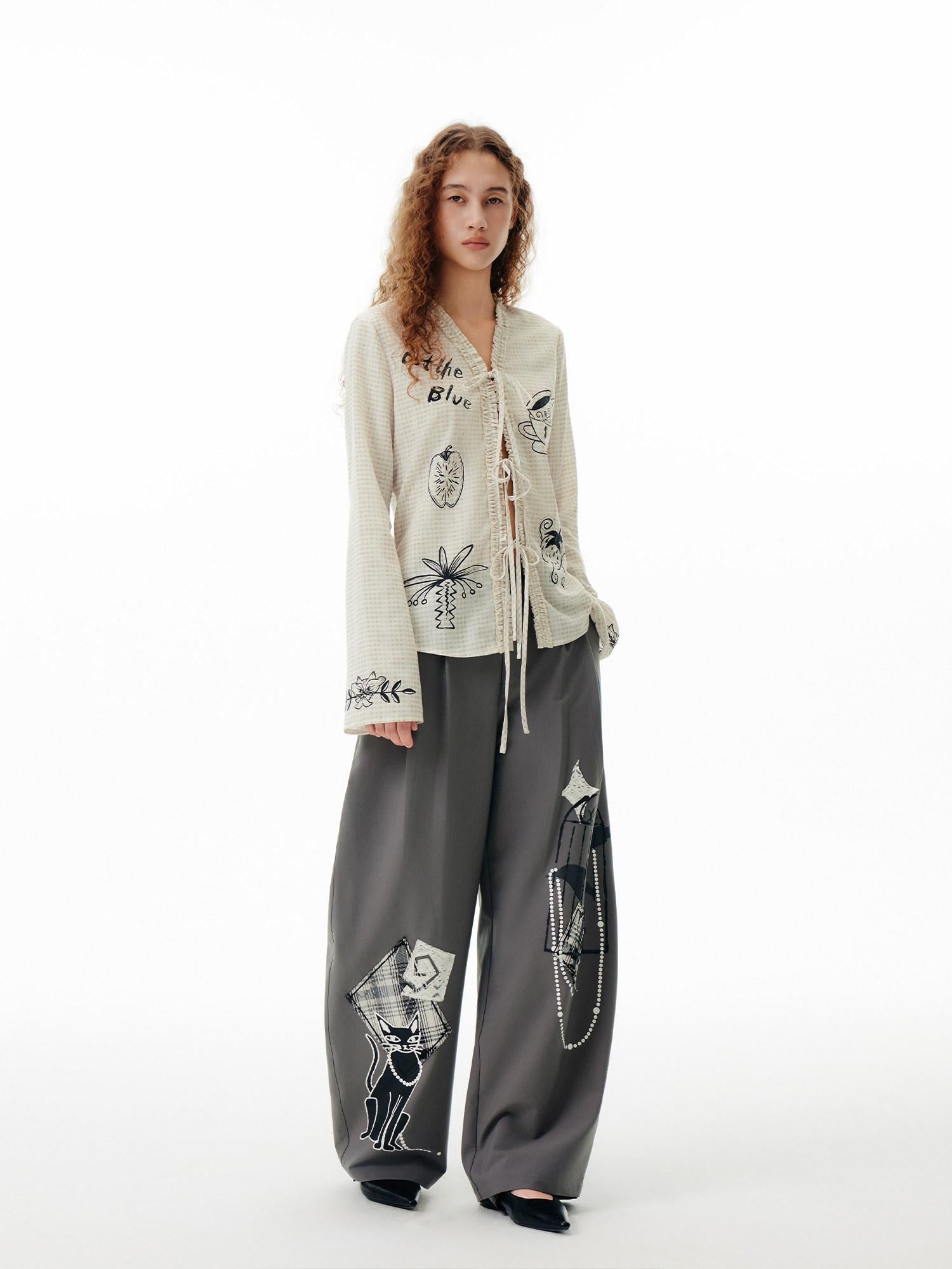 OuttheBlue Soft Polyester Slim Tie V-neck Casual Long Sleeve Cartoon Print Womens Cardigans